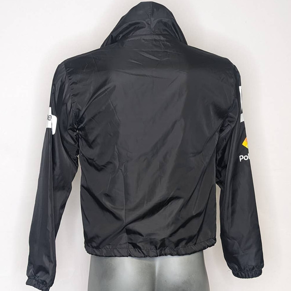 EUC Polaroid Womens Full Zip Hooded Windbreaker Black / Rainbow Print Logo Small - Picture 2 of 8